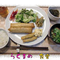 ししゃもフライ＆シーチキン春巻き＆揚げごぼう　カレー風味＆アサリの赤出汁の定食♪