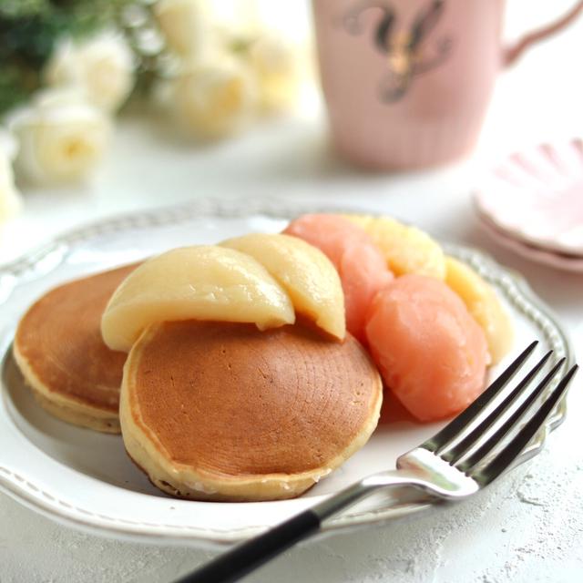 桃のパンケーキプレート♡ふわもち米粉パンケーキ♪