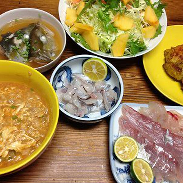 キムチ雑炊と柿とキャベツのサラダ。シーズンラスト冷麺。眠るあんこ