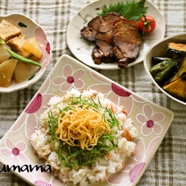 鮭のちらし寿司 / 揚げ野菜の甘酢ニンニク漬け