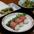 レシピ付き献立　ローストビーフのお寿司・新じゃがの肉じゃが・菜の花のかき揚げ・かきたま汁