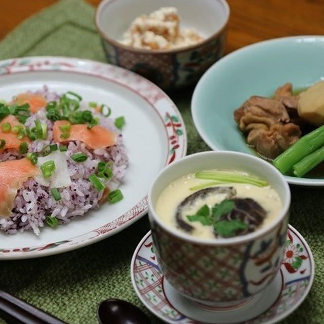レシピ付き献立 サーモンと大根の混ぜ寿司・鶏と里芋の含め煮・柿の白和え・茶わん蒸し