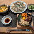 ニトスキでビビンバ・玉ねぎニラチヂミの晩ご飯と　アカンサスモリスの花♪