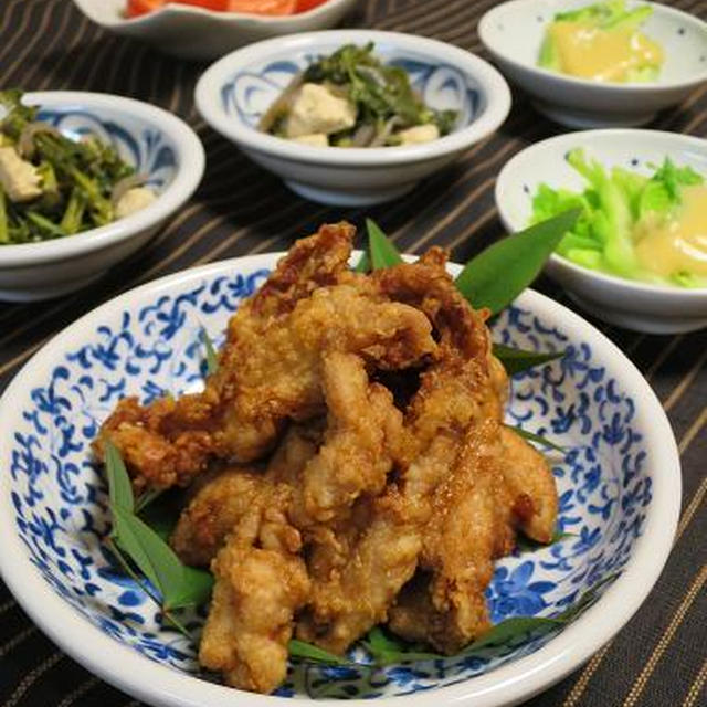 セセリのから揚げと祝蕾（子持ち高菜）の酢味噌かけ