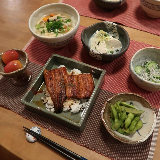 自作の器で”土用の丑の日”の晩ご飯　と　色づいたカシワバアジサイの花♪