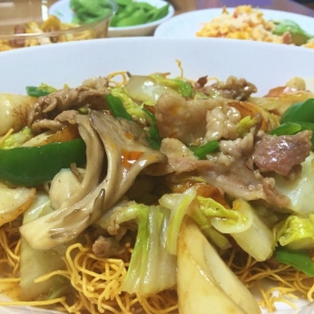 鍋の残りの食材でかた焼きそば・大根の皮のきんぴら♪