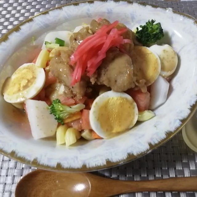 頑張り過ぎないde市販の唐揚げで時短！ ヘビーサラダに変身！めちゃ食べごたえで美容と健康！