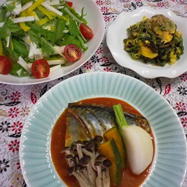 本日の夕食「さばの韓国風みそ煮」「高菜漬けと卵の炒め物」
