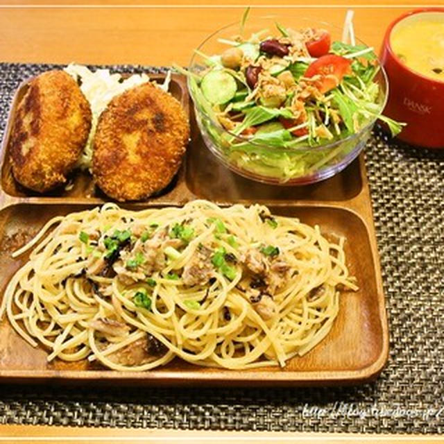 オイルサーディンの塩昆布パスタの献立