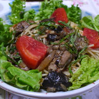 暑いにゃ～☆＜鶏肉とトマトと茄子のひんやりスパゲッティー♪青ジソの香り＞