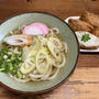 淡竹うどん。青梗菜とイカの炒め物、カブの三杯酢