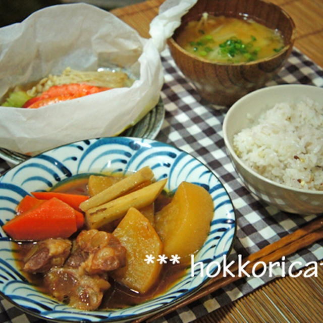 （夕飯）　えびの明太子蒸し包み蒸し