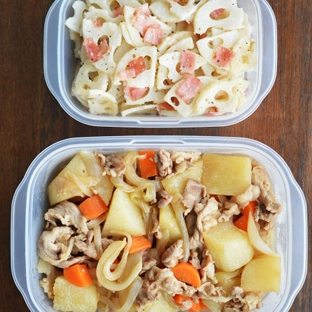 週はじめに準備した作り置きと、それを使った姉さん弁当2つ。