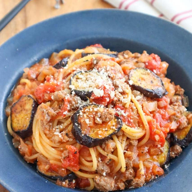 ＊【レシピ】ワンパン♫なすとひき肉のトマトパスタ＊