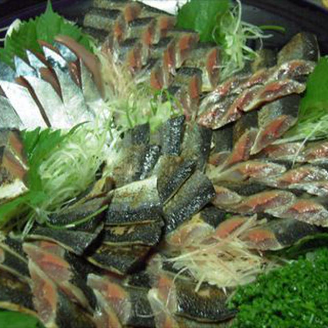 炙り秋刀魚と鯖のお造り、長門の地酒「青海島」で飲み会