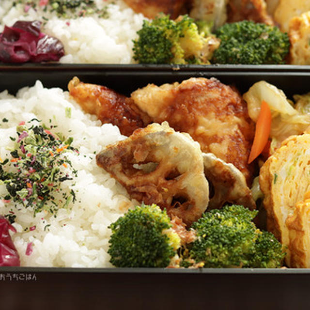 ささみの天ぷらと蓮根の天ぷら、ネギ入り玉子焼き～食べざかり中学生のお弁当＊うなぎのタレ活用レシピも！