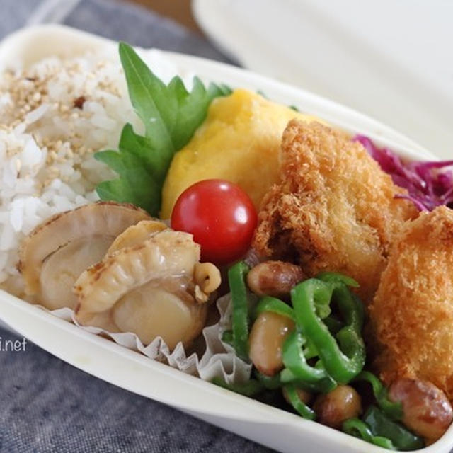 弁当：ベビーホタテの薄口醤油煮・とら豆ピーマン炒めのレシピ付き