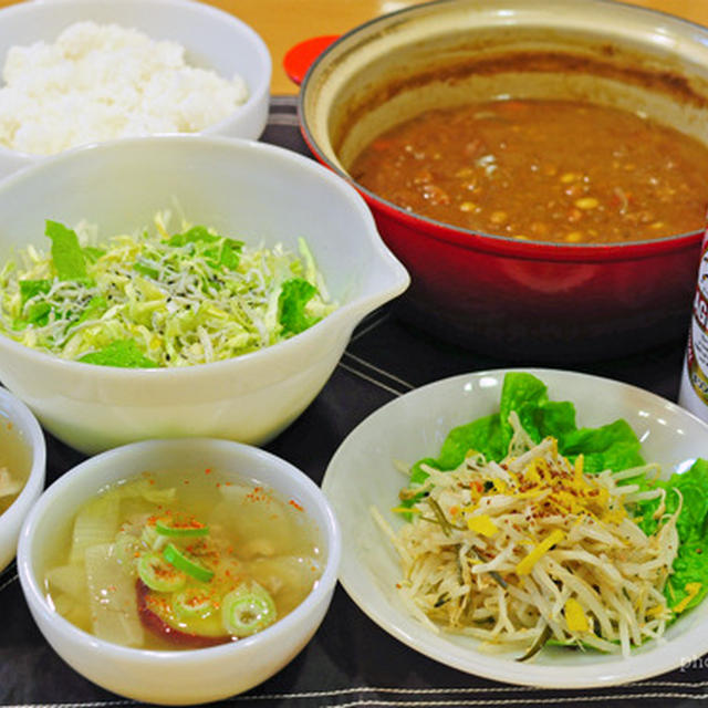 １月９日　木曜日　おべんとなし。大豆と挽肉のカレー＆混ぜ込みわかめのもやしナムル（前日の晩ごはん）