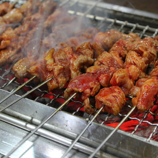 ソウルの建大（コンデ）羊串（ヤンコチ）通りで、スパイシーなラム肉と青島（チンタオ）ビール。