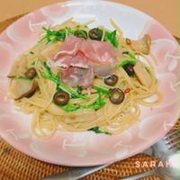 早ゆでパスタdeクレソンとオリーブのペペロンチーノ
