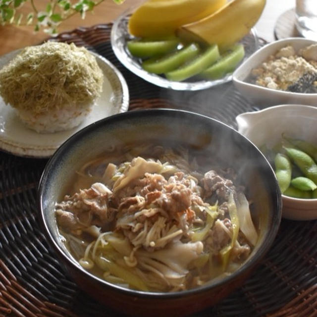 牛肉ときのこの和風スープからの朝ごはん♪