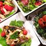 夏野菜をたっぷり：真鯛のハーブ焼き、ミートボールのトマト煮、3色野菜ソテー