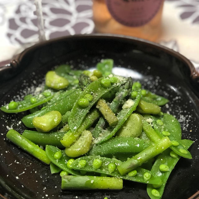 【レシピ】空豆とアスパラ、サヤインゲンの塩茹でオリーブオイル和え
