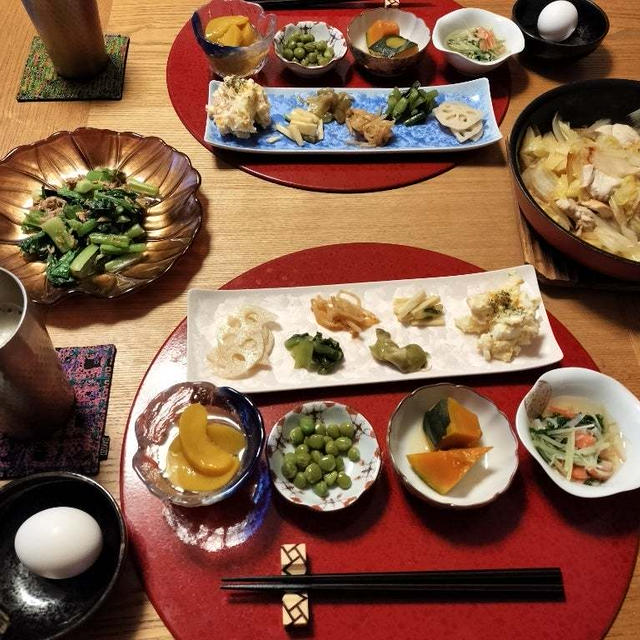 鶏白菜焼、小松菜とツナのサラダ、小鉢＋盛り合わせで10品で晩酌