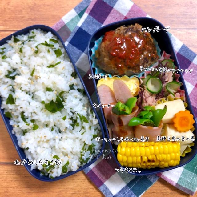 夏野菜で美肌効果！わかめしらすご飯の主人弁当【ピーマンのしそベーコン巻き】