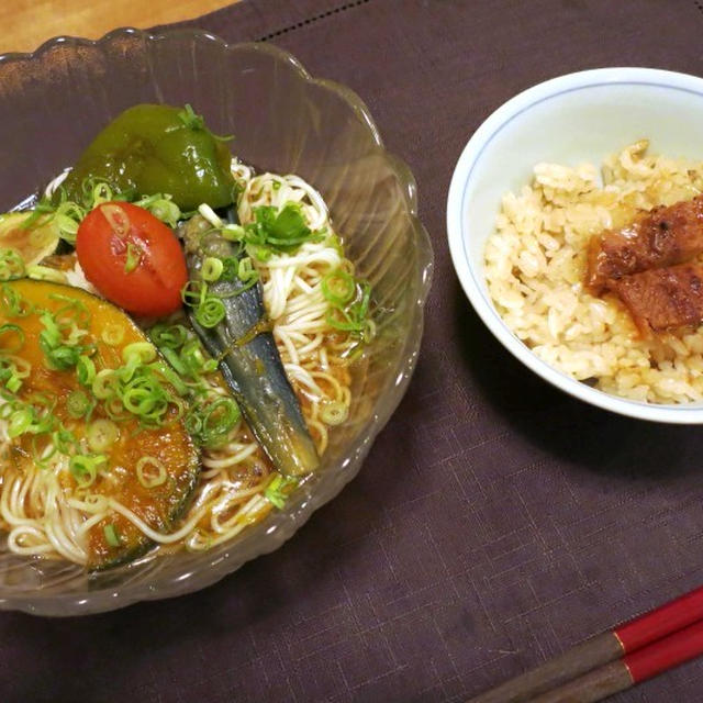 夏野菜の焼き浸しそうめんの晩ご飯　と　「桃モッツアレラ」♪