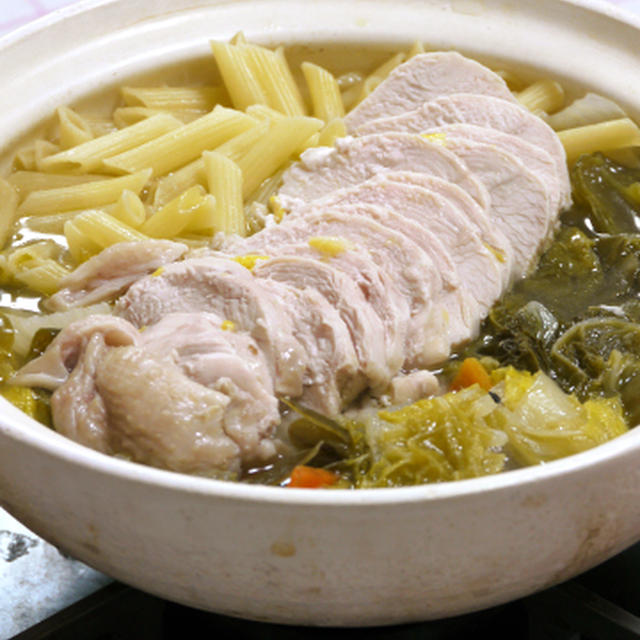 冷凍鶏むね肉の洋風鍋。の晩ご飯。　とかき揚げうどんの昼ご飯。