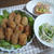 肉じゃがコロッケと厚揚げのから揚げともやしとほうれん草のナムル