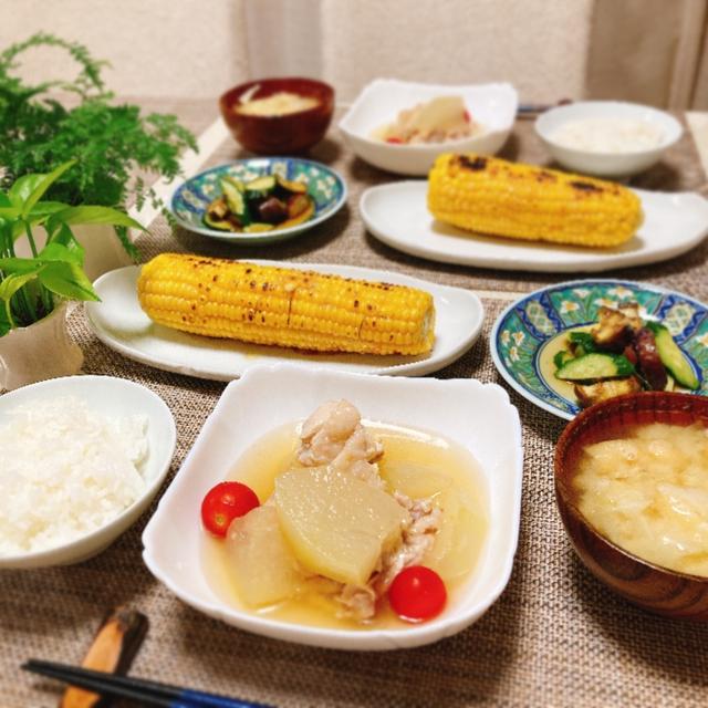 鶏肉と冬瓜の冷たいたいたんと焼きとうもろこしの夕ご飯