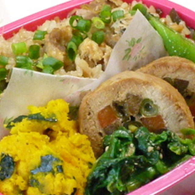 炊き込み＆チキンロール弁当☆豆乳でちゃんぽん