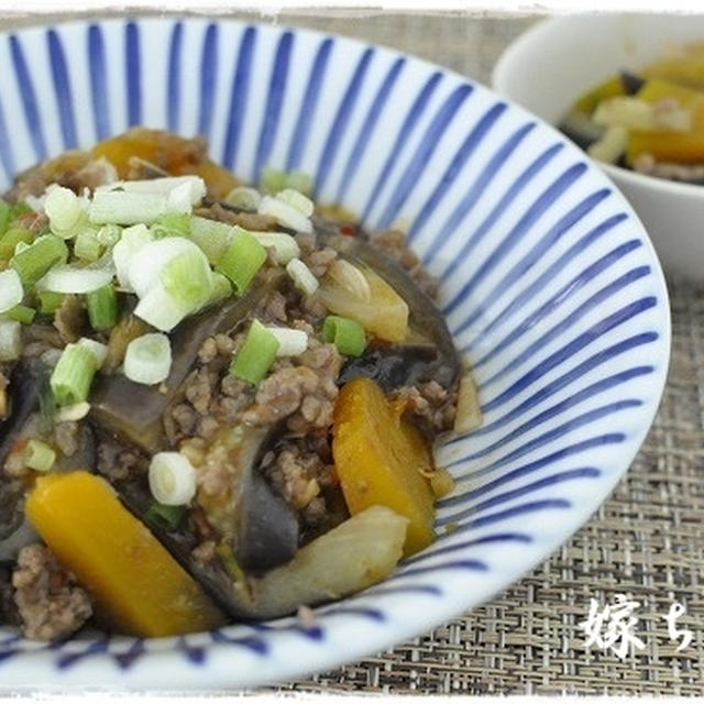 夏野菜大好き♪茄子とカボチャのひき肉とろみ炒め。大人用は豆板醤をプラス！