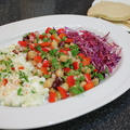 地中海食堂、再び＠おうち。まずは前菜盛り合わせ、ナスとヨーグルトのディップに豆のサラダ。