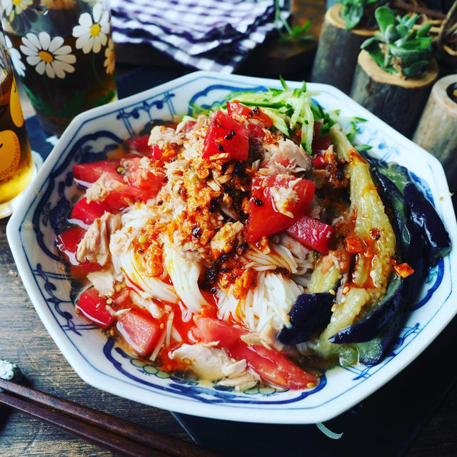 めちゃめちゃおすすめです❤️とろとろレンチン茄子入り♪ツナトマトぶっかけそうめん❤️