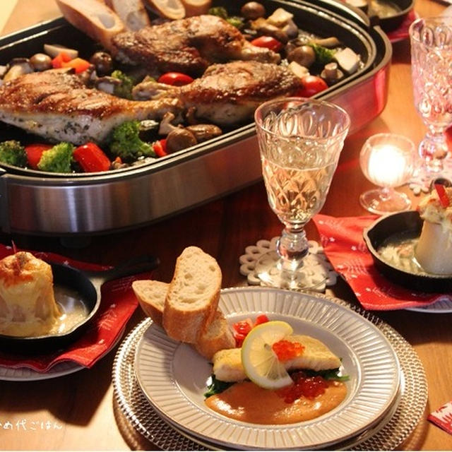今年のクリスマスごはん♪　ホットプレートチキン & 大きなぷりん♪