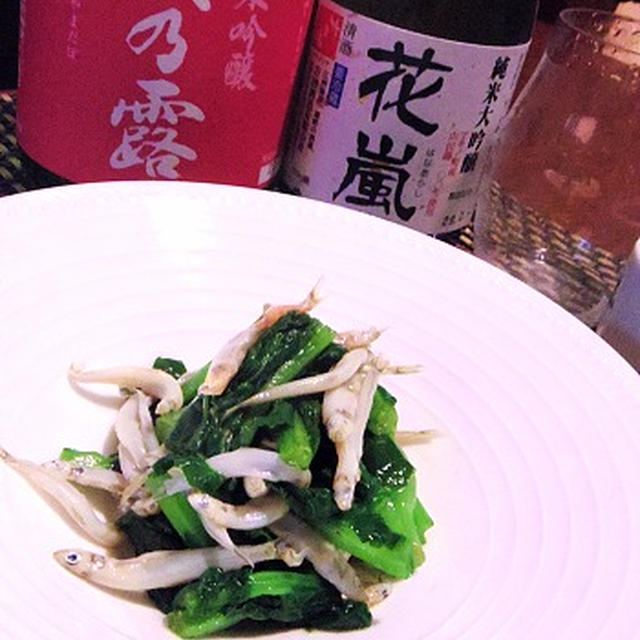 琵琶湖の日本酒と魚で呑む、ひうおと菜の花のポン酢和え、いさざ山椒煮、十割蕎麦と滋賀酒