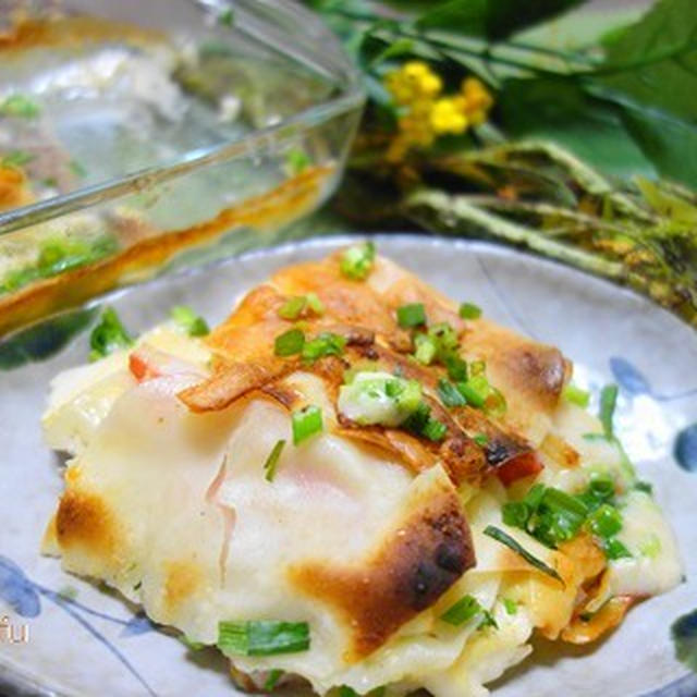冷蔵庫あまりもの重ね焼き♪カニカマ食べる