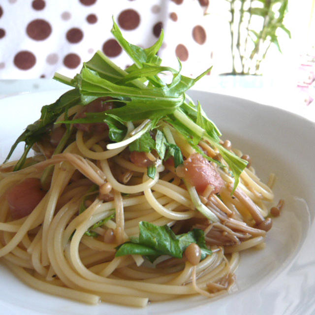 なめたけと水菜の梅パスタ☆+゜