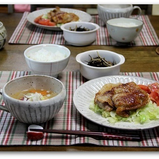 豚肉のしょうが焼き&蒸しキャベツ　根菜のお汁