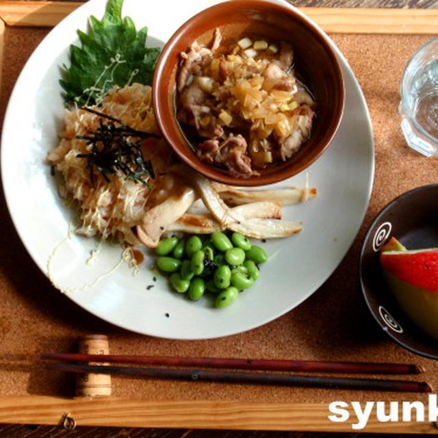 簡単カフェ飯：豚のネギしょうがめんつゆ定食