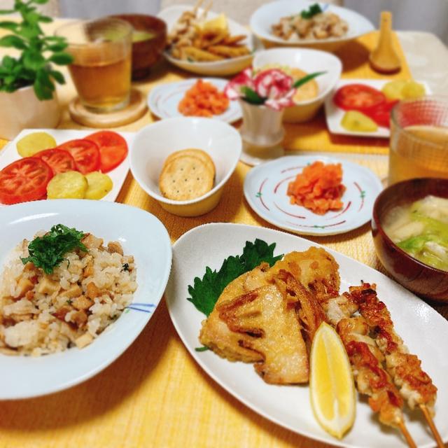 筍と豚バラ肉のチャーハン&筍の天ぷら&鶏皮焼き鳥の夕ご飯