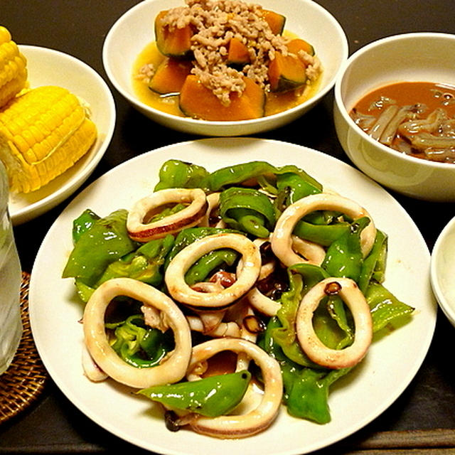 イカのさわやか炒め、カボチャ鶏そぼろ煮