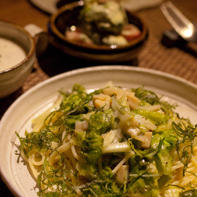 穂先メンマとレタスのパスタ