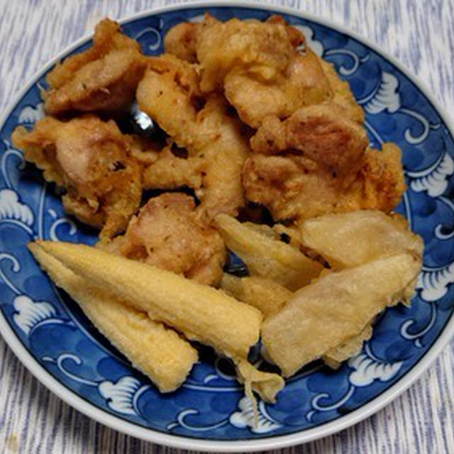 鶏肉の天ぷら、ヤングコーンと新生姜の天ぷら