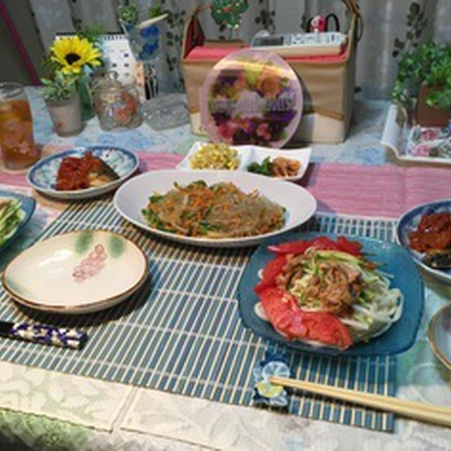 チャプチェ&焼き鯖のトマトソース添え