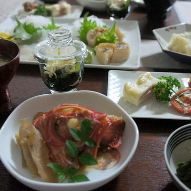 蕗の薹味噌　金目鯛の煮付け　新わかめ　他