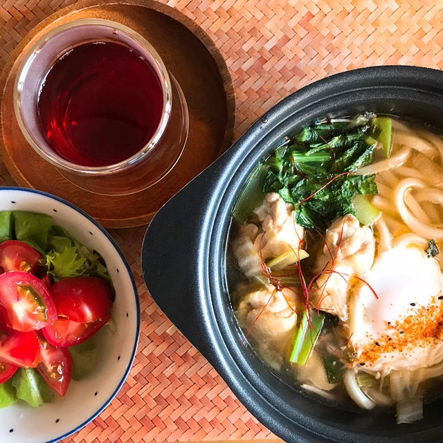 「昨晩の鶏鍋で熱々うどんを作りました❗️」　2020年10月31日の朝ごはん